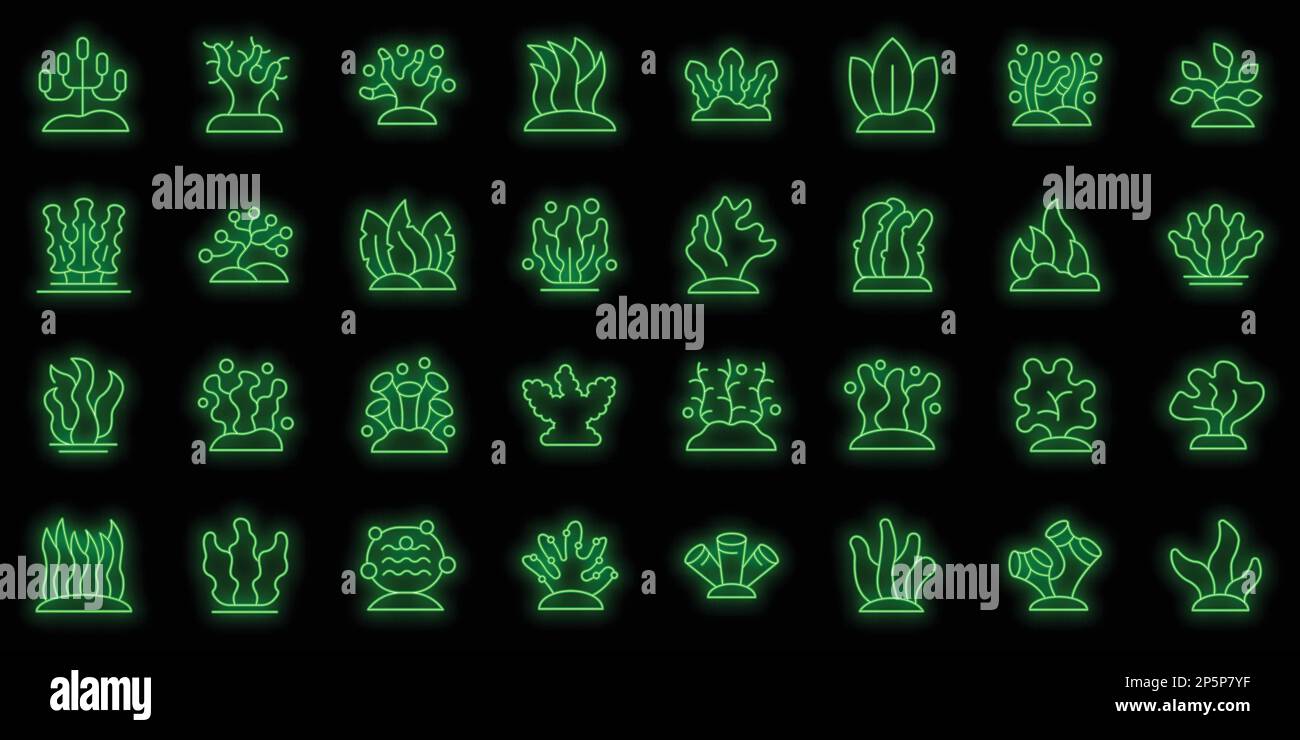 Algae icons set outline vector. Spirulina plant. Sea grass neon color ...