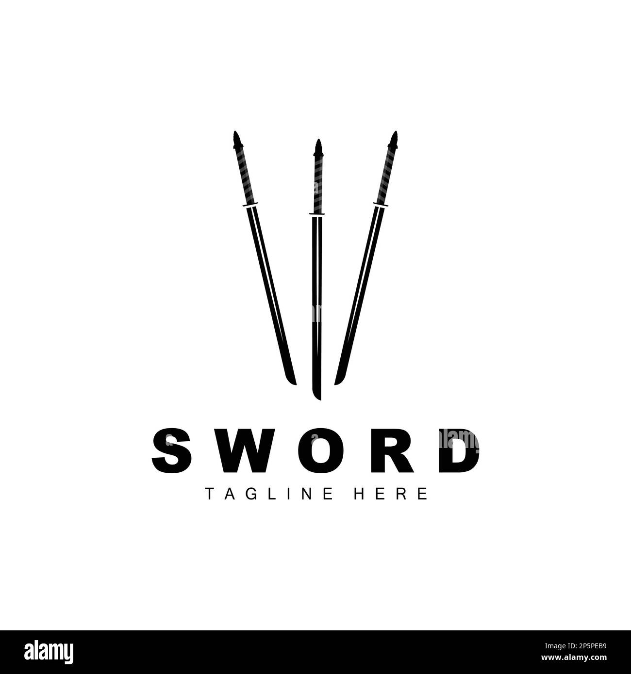 Sword Logo, Samurai Katana Monochrome Design, Vector War Weapon Cutting Tool Template Icon Stock Vector