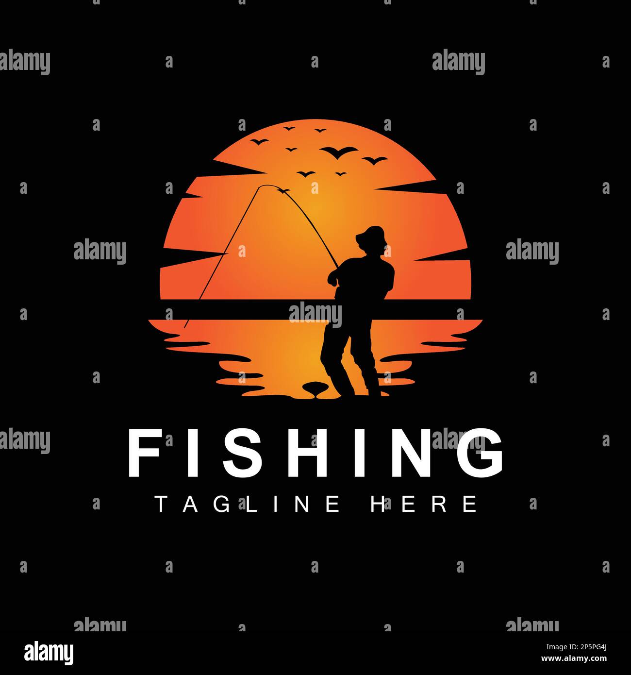 fishing logo icon vector, catch fish on the boat, outdoor sunset