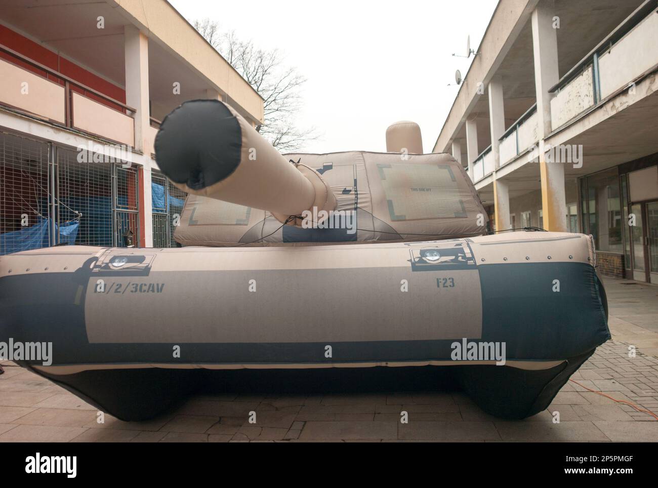 Decin, Czech Republic. 06th Mar, 2023. The Inflatech company from the Czech border town of Decin produces inflatable dummies of heavy military vehicles. Employees display a replica of a Western-style main battle tank on March 6, 2023. Credit: Michael Heitmann/dpa/Alamy Live News Stock Photo