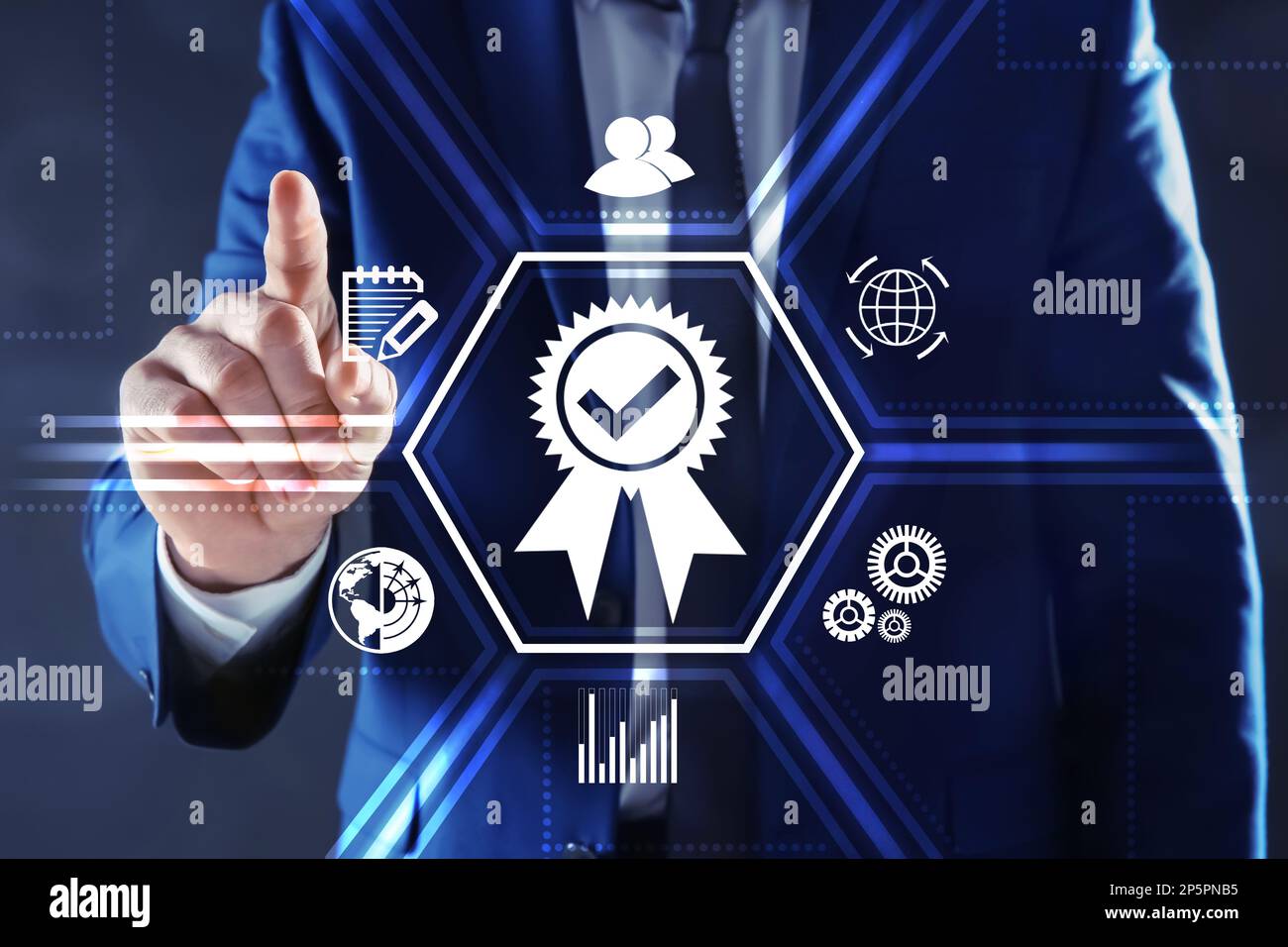 Man pointing at virtual screen with different icons, closeup Stock Photo
