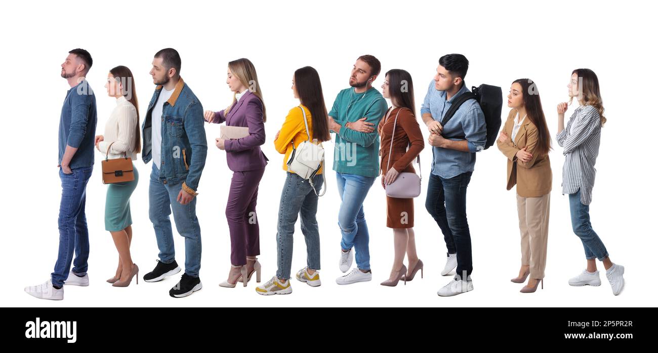 People waiting in queue on white background. Banner design Stock Photo