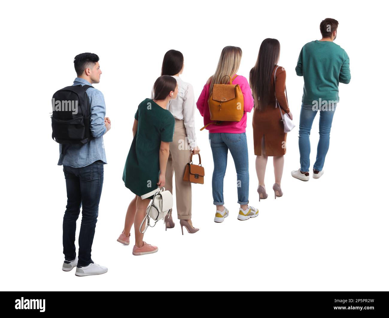 People waiting in queue on white background, back view Stock Photo