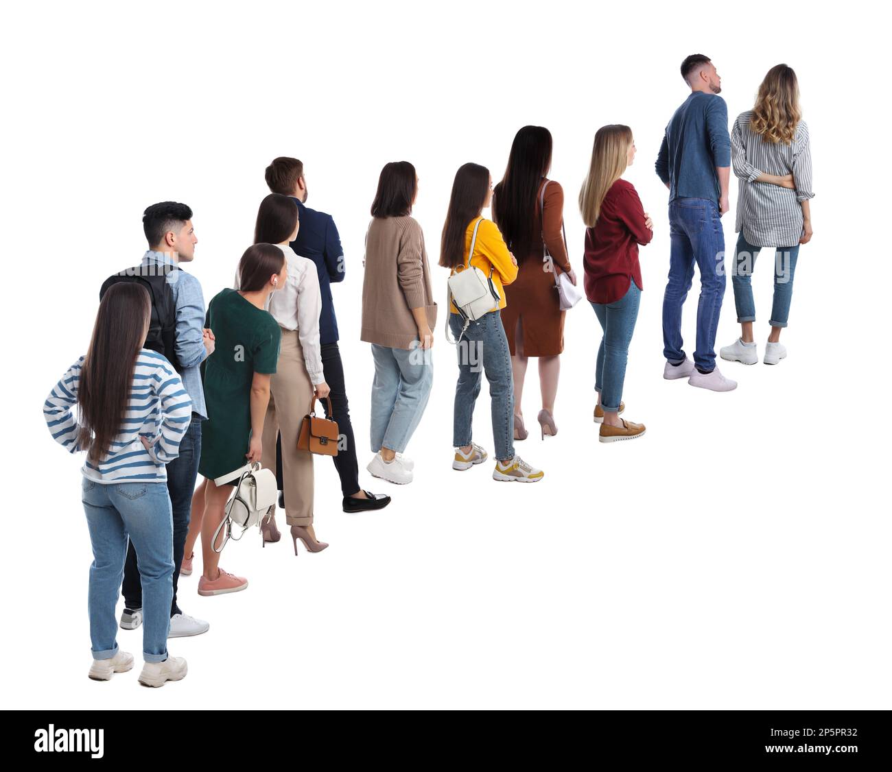 People waiting in queue on white background, back view Stock Photo