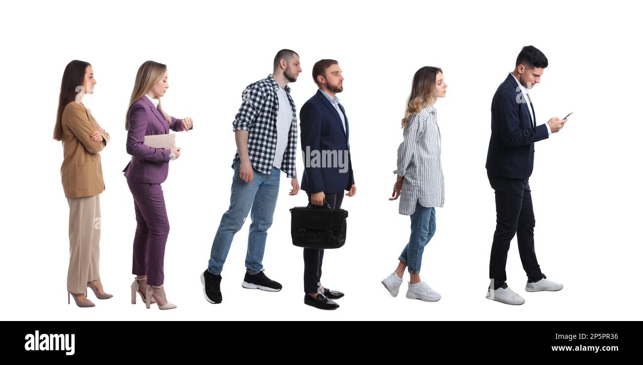 People waiting in queue on white background. Banner design Stock Photo