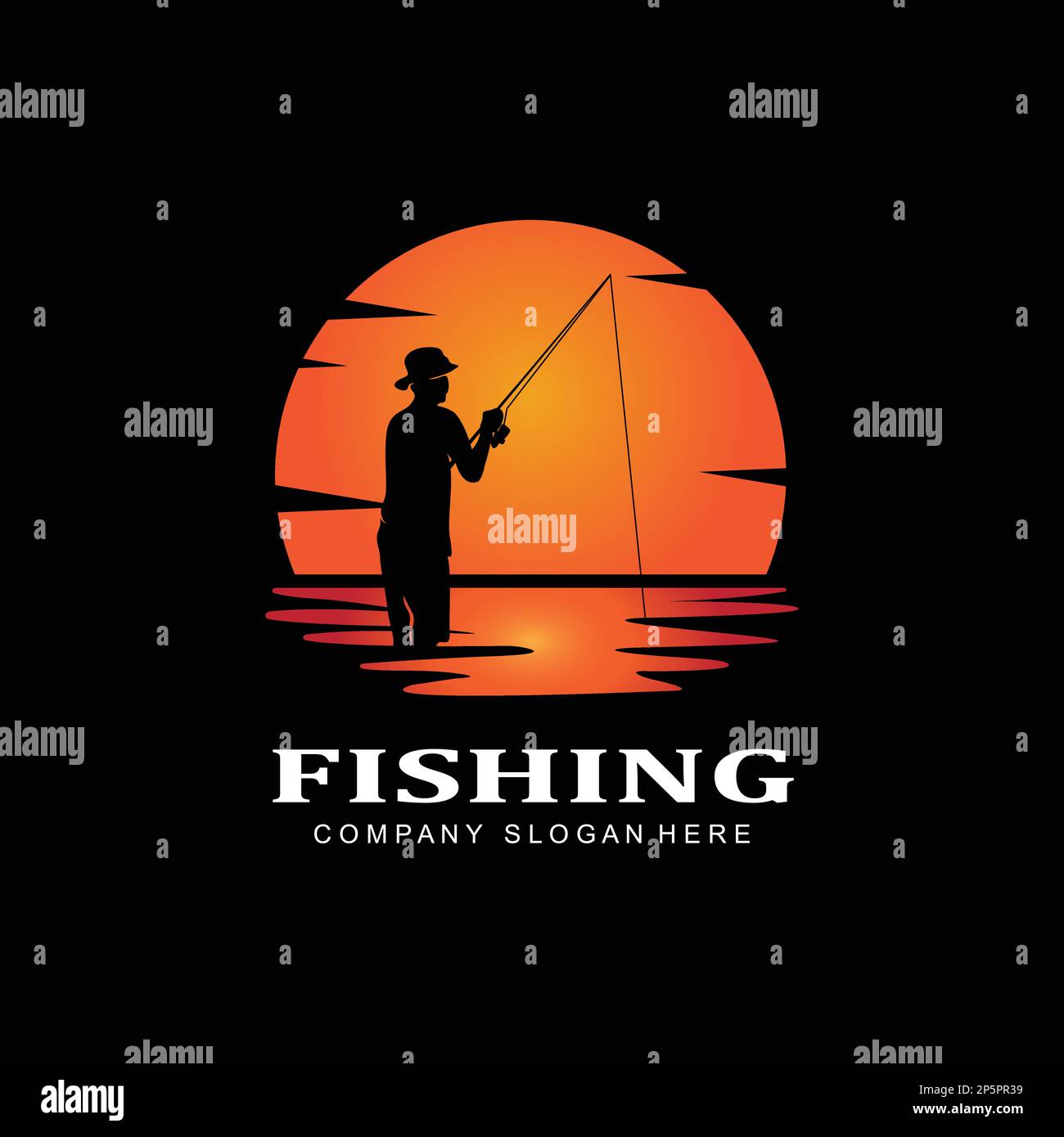 fishing logo icon vector, catch fish on the boat, outdoor sunset silhouette design Stock Vector