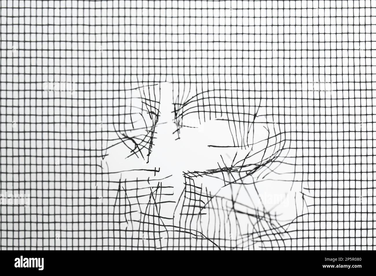 Torn window screen against white background, closeup Stock Photo