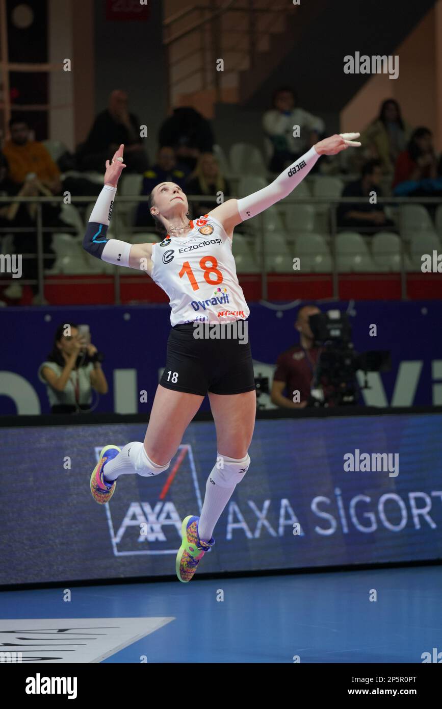 ISTANBUL, TURKIYE - JANUARY 18, 2023: Irina Voronkova serves during ...