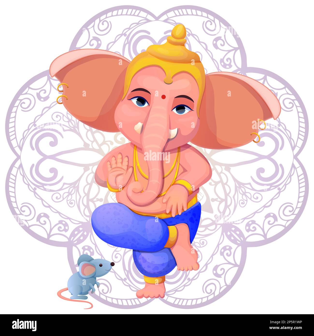 Little cute Ganesh, religious traditional god elephant in cartoon character isolated on white background. Vector illustration Stock Vector