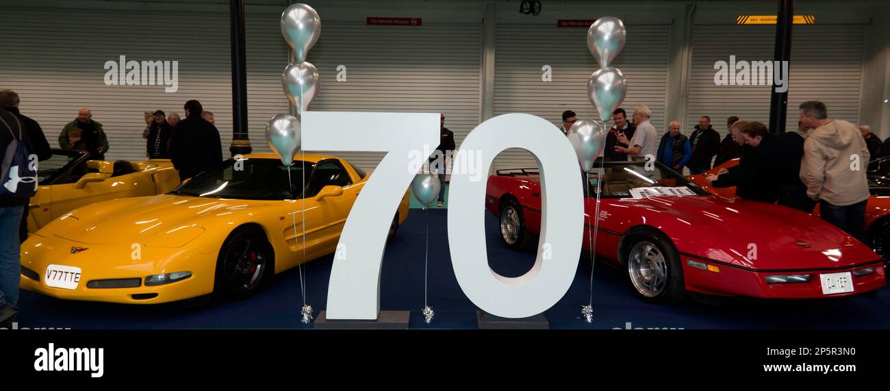 A Special Celebration to mark 70 years of the Corvette, at the 2023 London Classic Car Show, featuring all 8 Generations of the Marque Stock Photo
