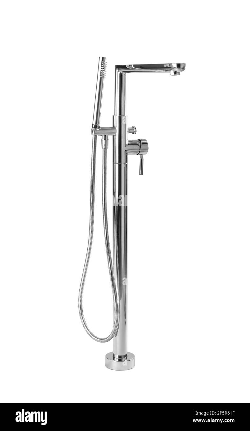 Modern bathtub faucet with hand shower on grey background Stock Photo