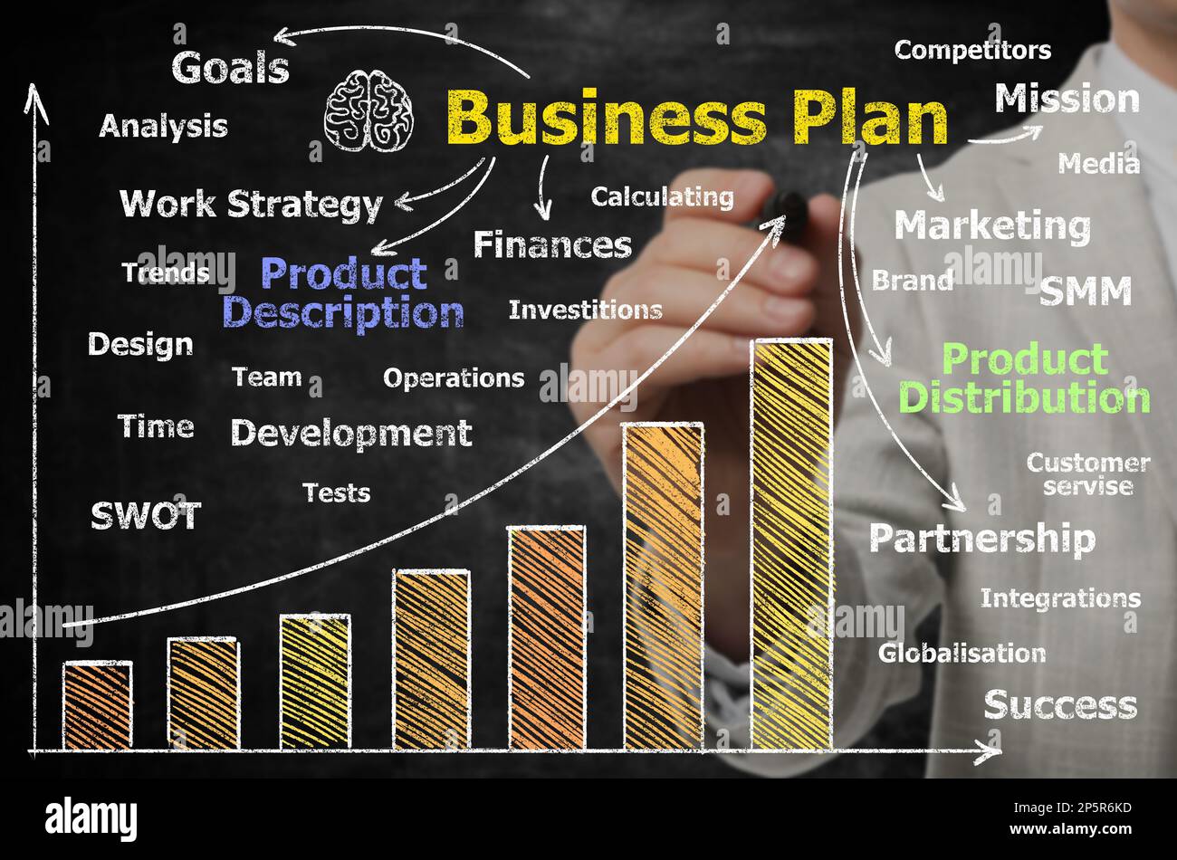 Man demonstrating business plan diagram on dark background, closeup Stock Photo