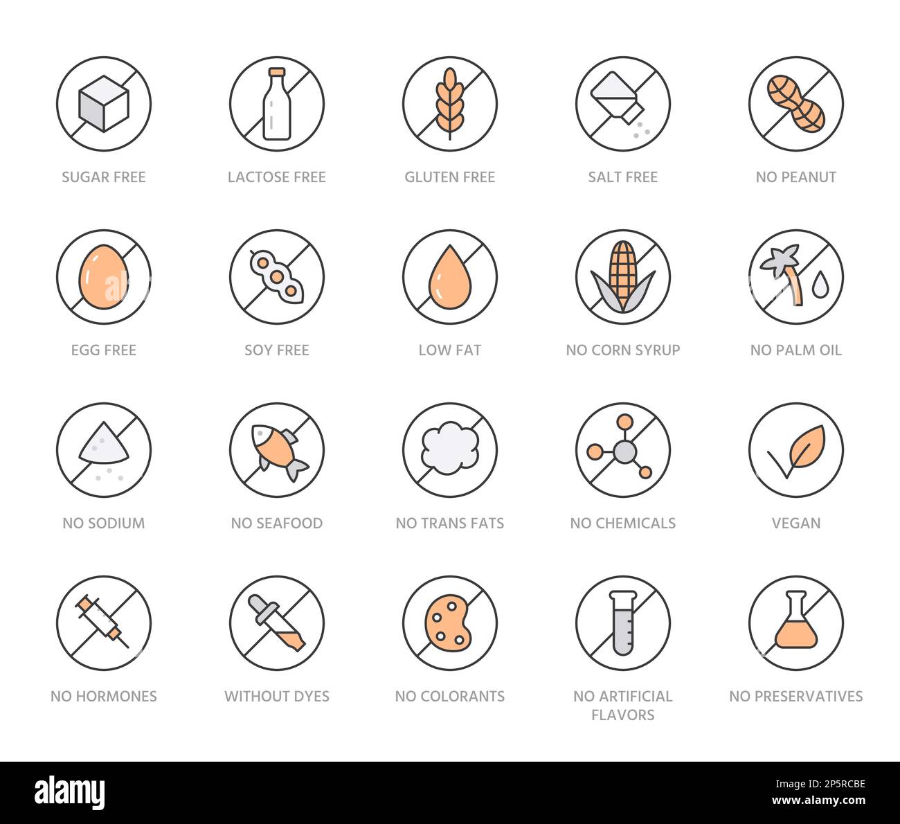 Food allergen line icon set. Gluten free, sugar, lactose, hormone