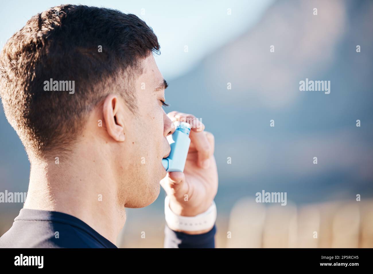 Asthma, inhaler and fitness with a runner man outdoor on mockup for