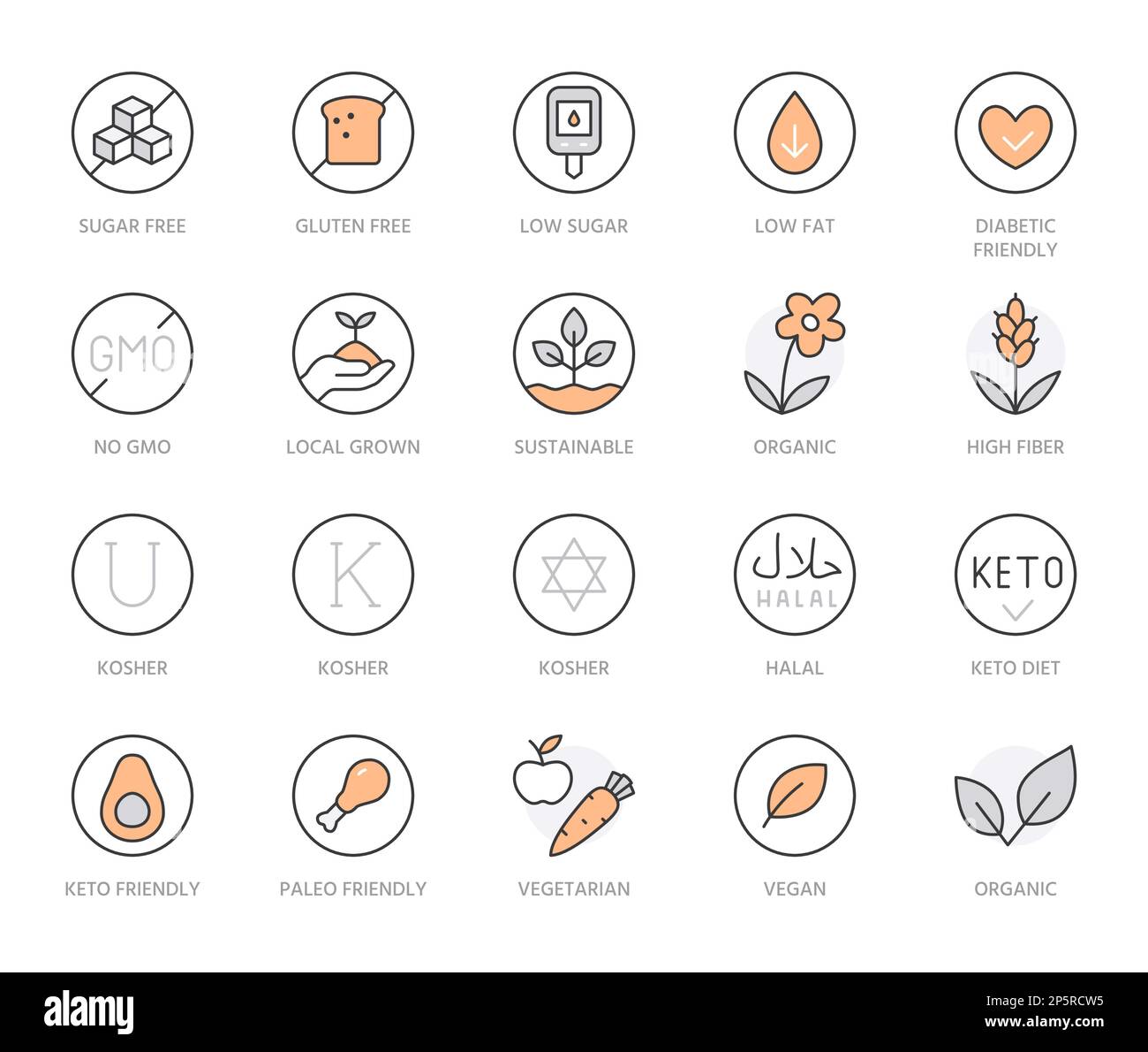 Food diet line icon set. Halal, sustainable, local paleo nutrition