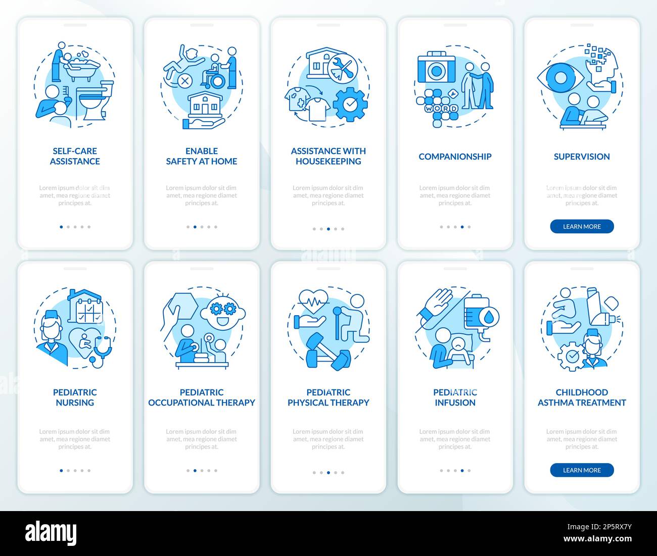 Home healthcare services blue onboarding mobile app screen set Stock ...