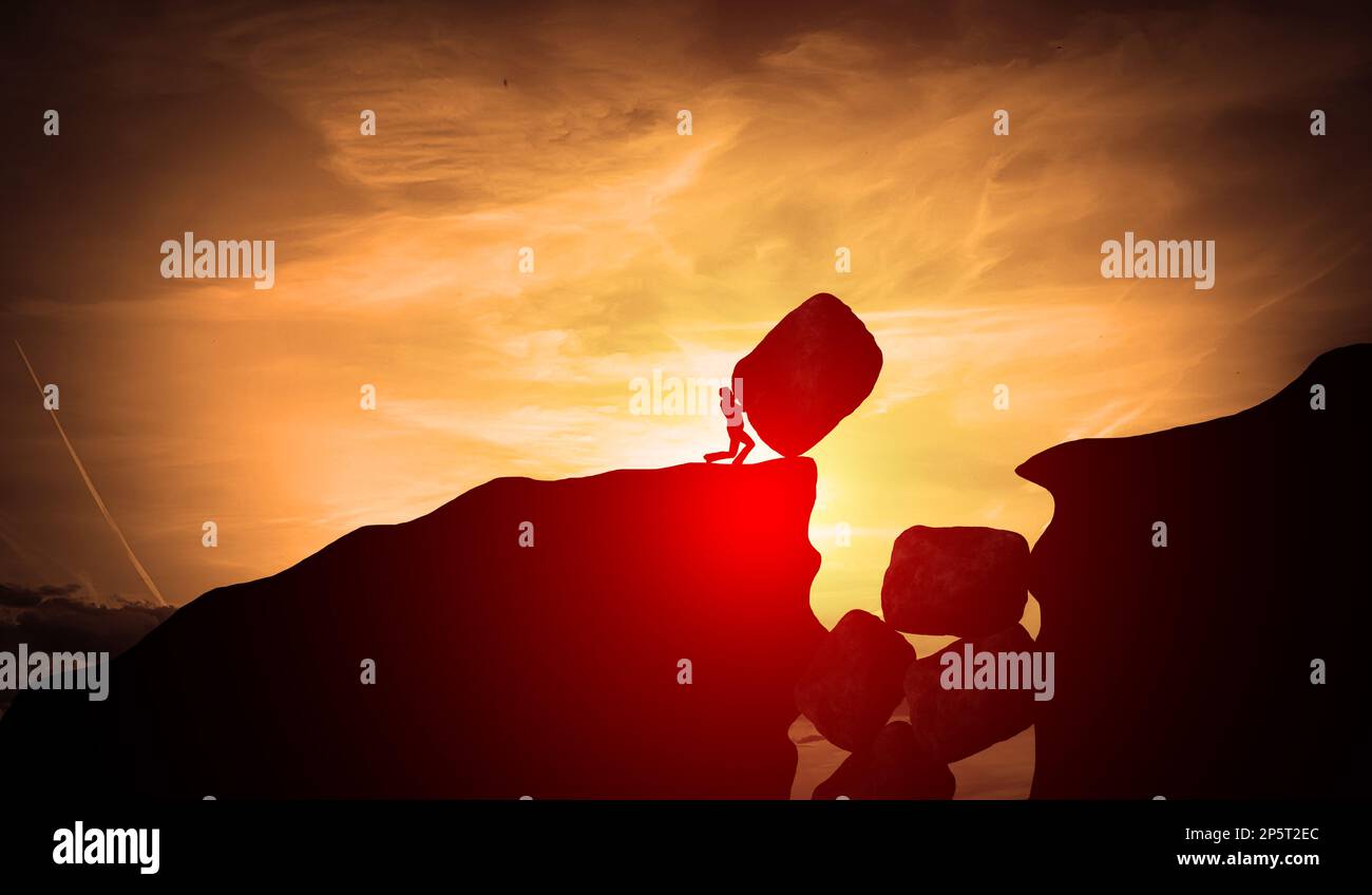 Business man filling a gap with big Rocks so he can make way to pass to other side of success. A Hard Worker Businessman Building Road . Struggle and Stock Photo