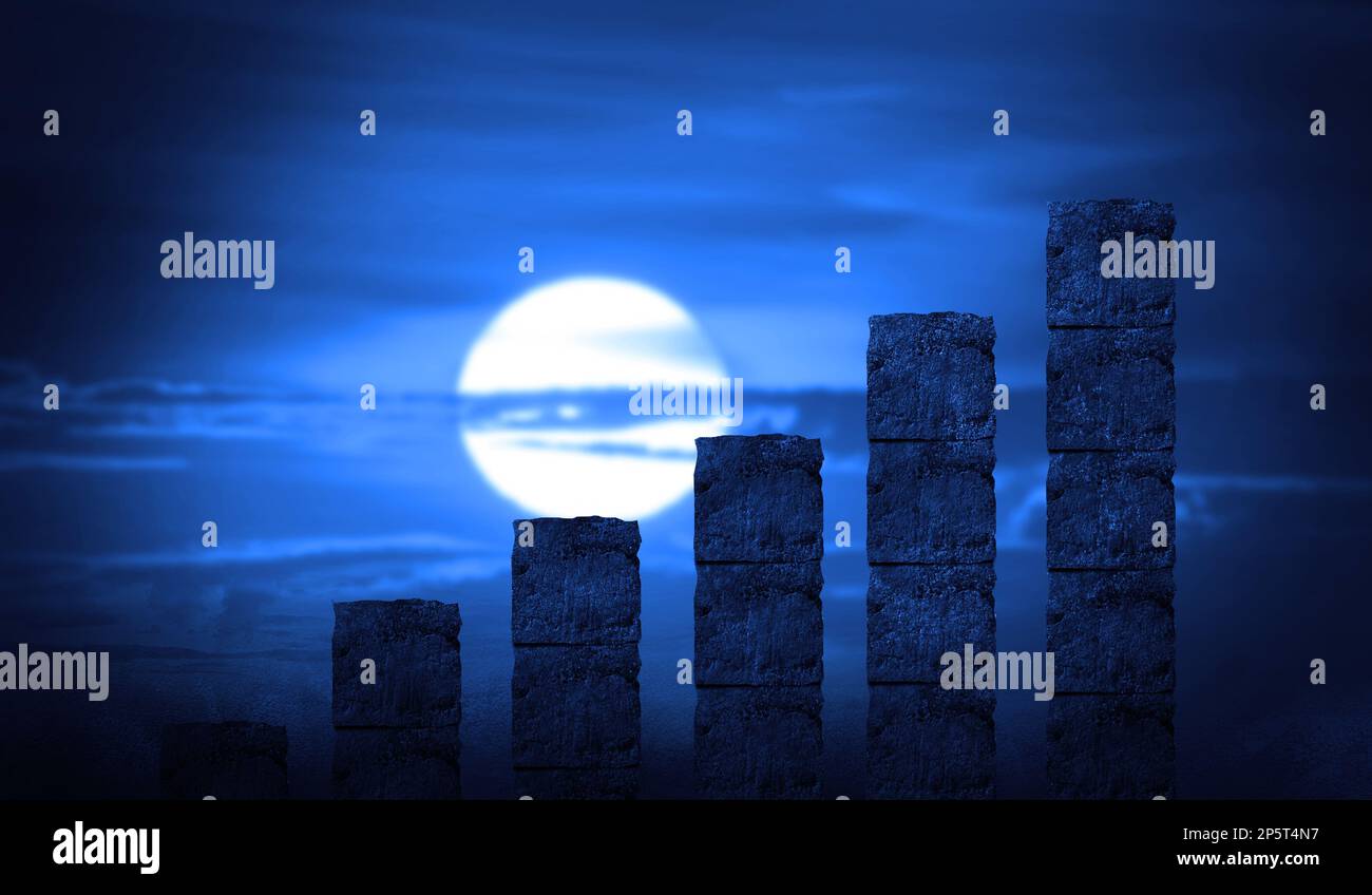 Business Graph Made By Rock Blocks Build with stairs at Night Full Moon. Growth and hard work, development and building an empire Stock Photo