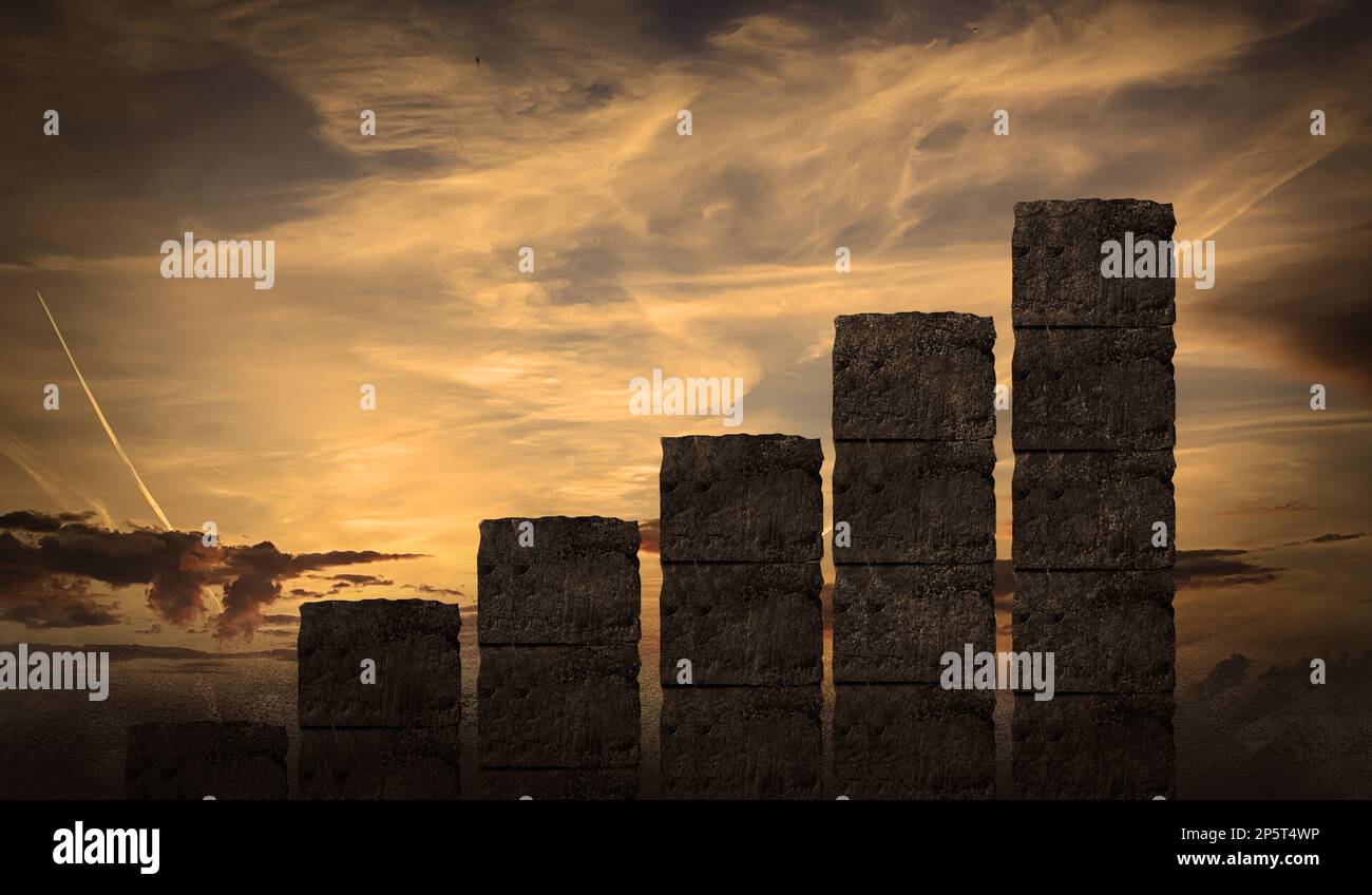 Business Graph Made By Rock Blocks Build with stairs at sunset. Growth and hard work, development and building an empire Stock Photo