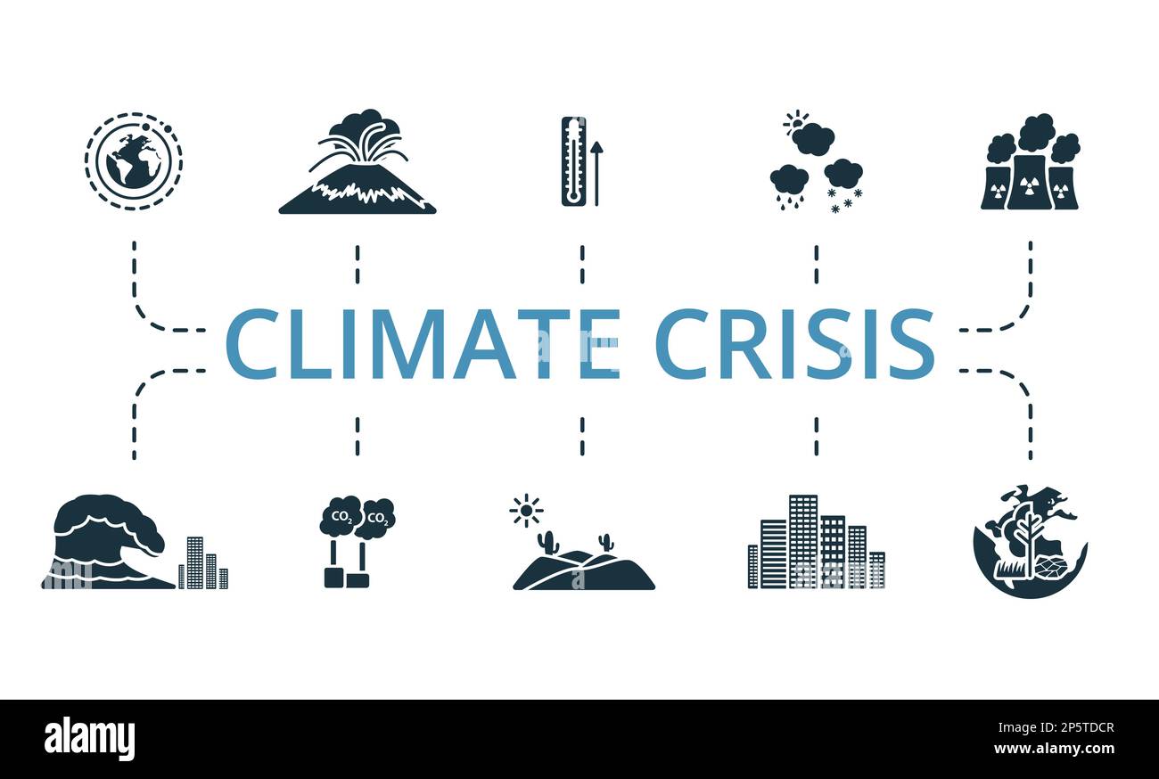 Climate crisis set. Creative icons: changes orbit, vulcanism, temperature rise, weather, nuclear plant, tsunami, carbon dioxide, desert, big city Stock Vector