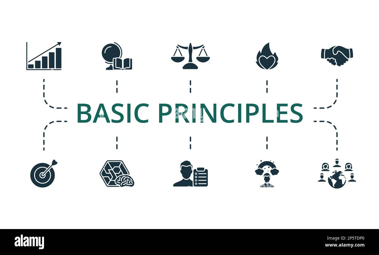 Basic principles set. Creative icons: growth, knowledge, justice ...