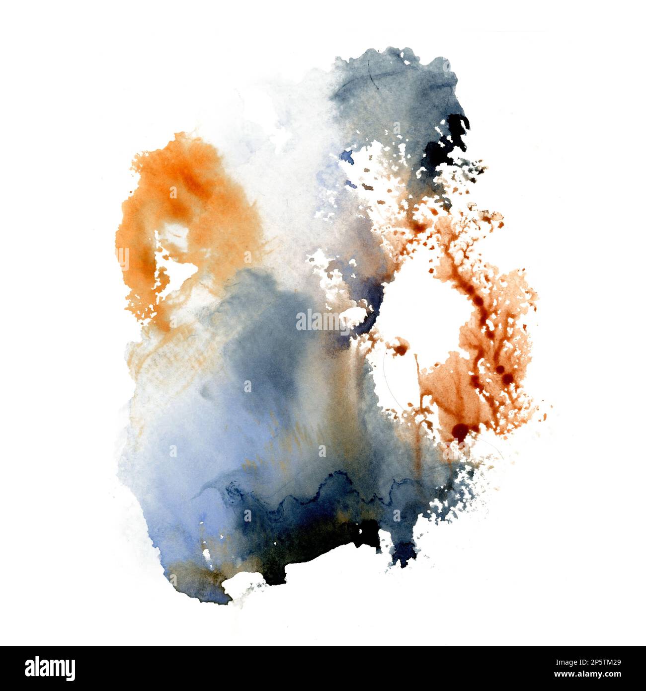 Blue orange watercolor splashes. Colorful abstract background illustration with paint stains and blots isolated on white Stock Photo