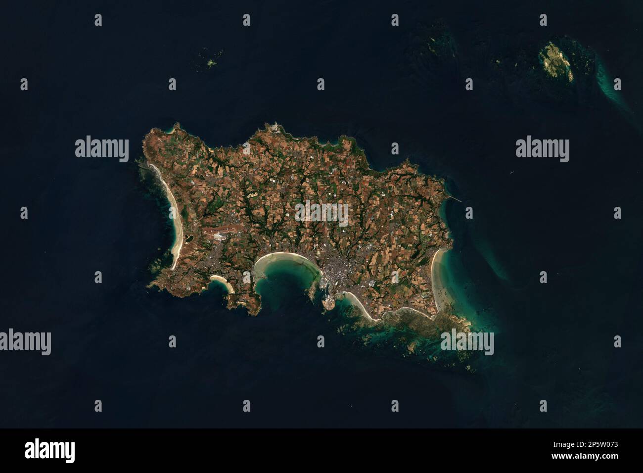 Jersey, the largest of the Channel Islands seen from space - contains modified Copernicus Sentinel Data (2022) Stock Photo