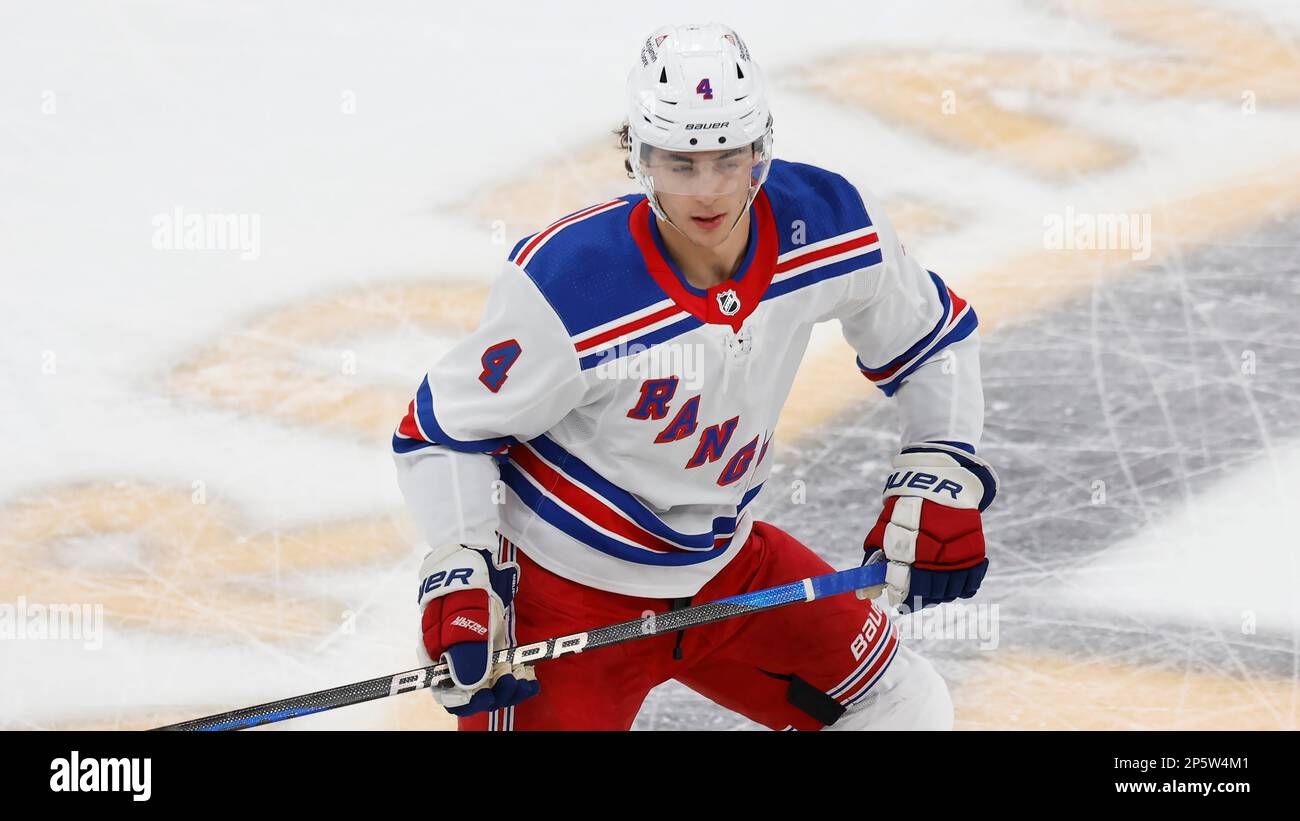 New York Rangers' Braden Schneider plays against the Boston Bruins during  the first period of an NHL hockey game, Saturday, April 23, 2022, in  Boston. (AP Photo/Michael Dwyer Stock Photo - Alamy