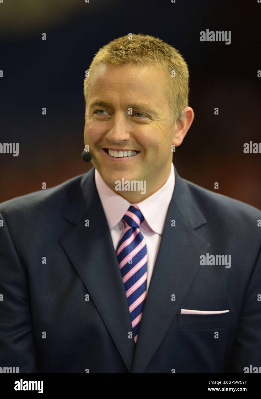 Jan. 2, 2013 - New Orleans, Louisiana, USA - January 02, 2013: ESPN Kirk Herbstreit on the sidelines during the All State Sugar Bowl between the University of Florida Gators and the University of Louisville Cardinals at Mercedes-Benz Superdome in New Orleans, Louisiana. Louisville leads the 1st half against Florida, 24-10. (Cal Sport Media via AP Images) Stock Photo