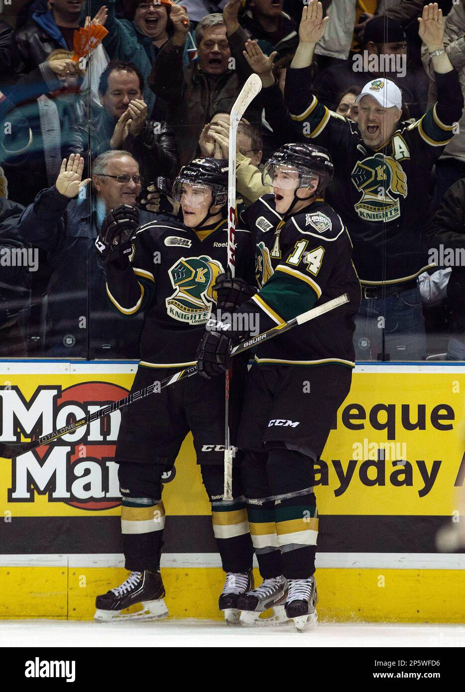 London Knights Bo Horvat, left, celebrates his goal with Tommy Hughes against the Sarnia Sting during the first period of their OHL hockey match, Tuesday, Jan