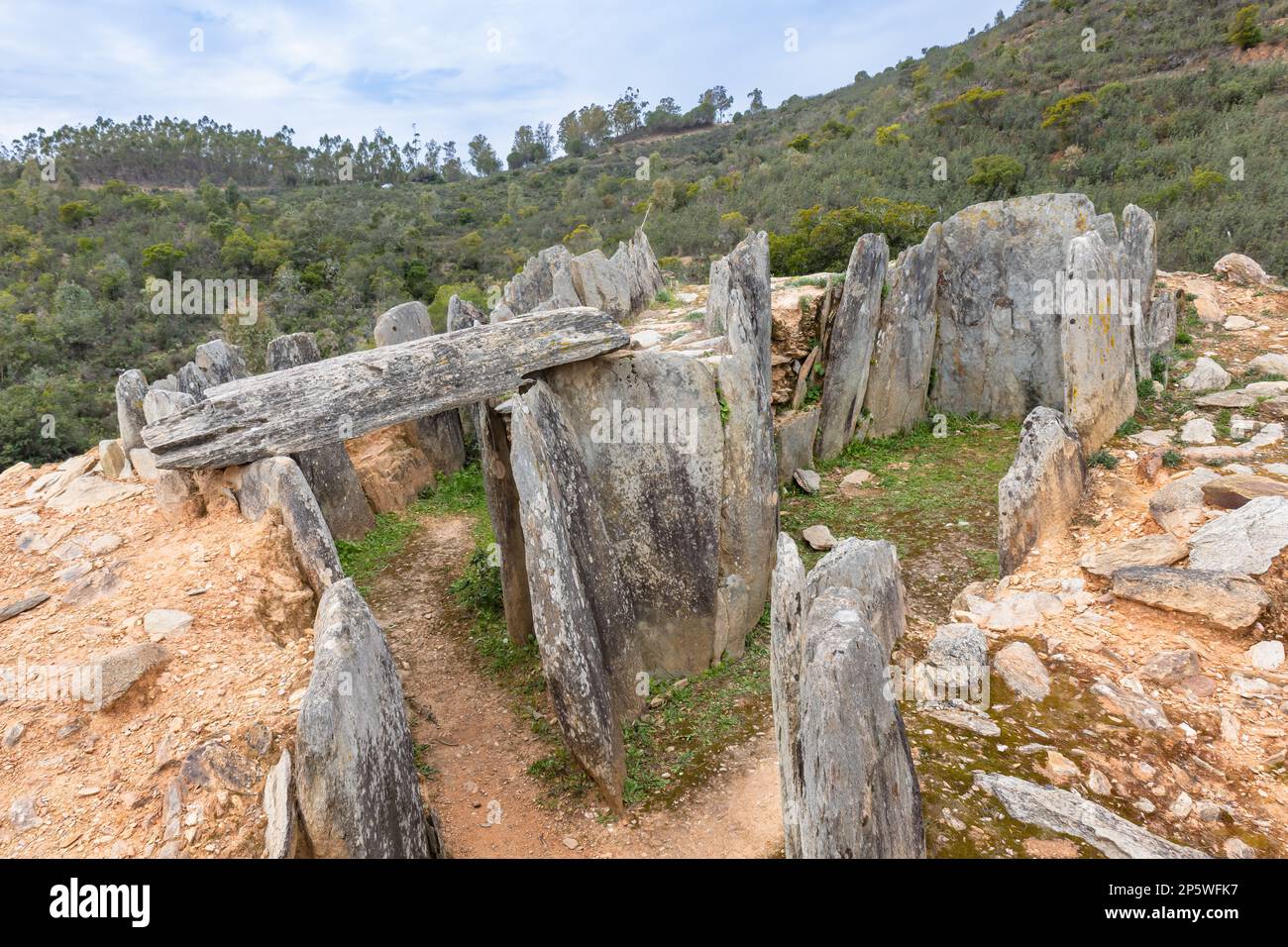 Dolmens numbers 2 and 3 of Megalithic formation of Dolmen de El Pozuelo. The archaeological site of El Pozuelo is located on rustic land in Zalamea la Stock Photo