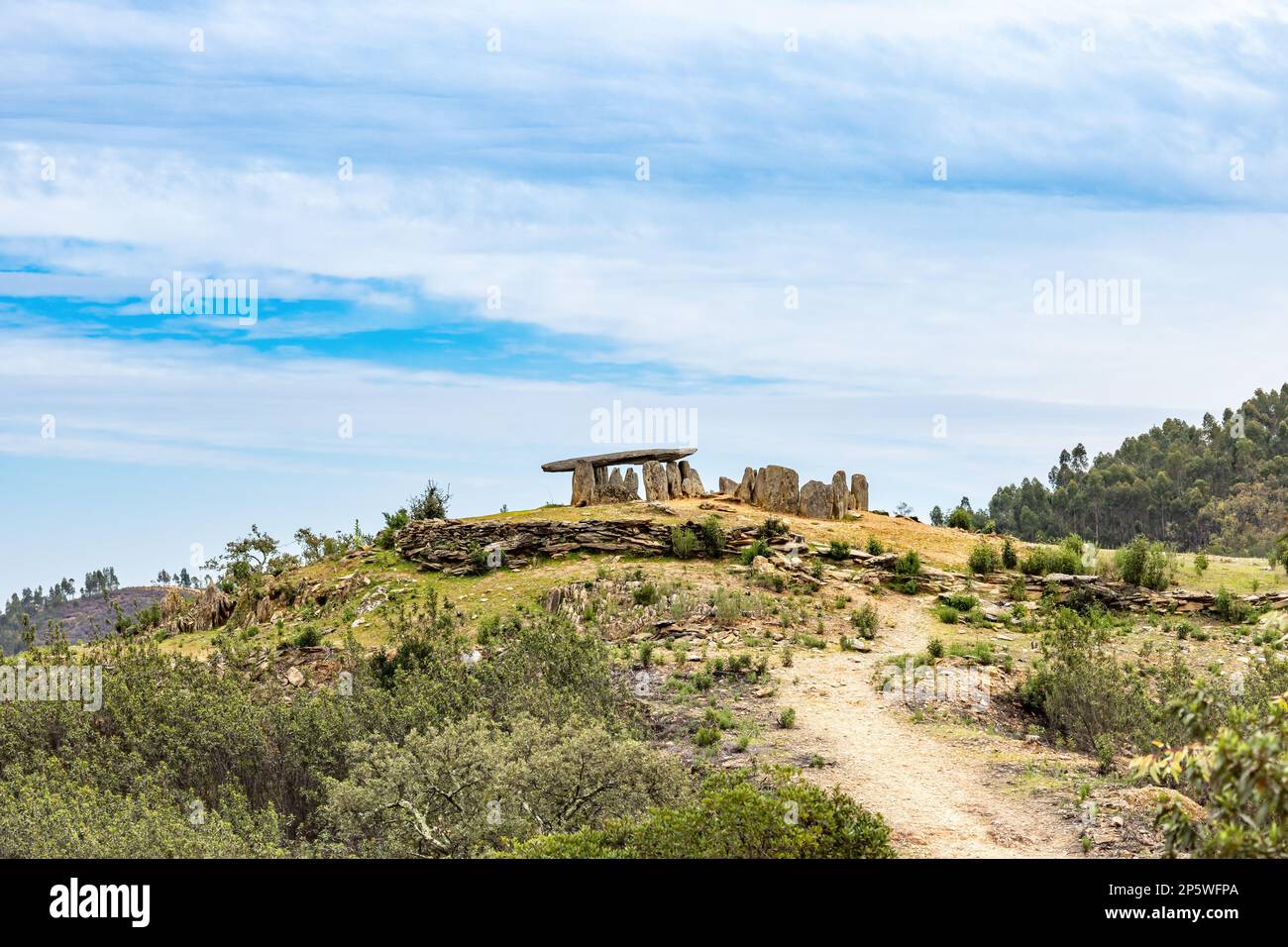 Dolmen number 1 of Megalithic formation of Dolmen de El Pozuelo. The archaeological site of El Pozuelo is located on rustic land in the municipality o Stock Photo