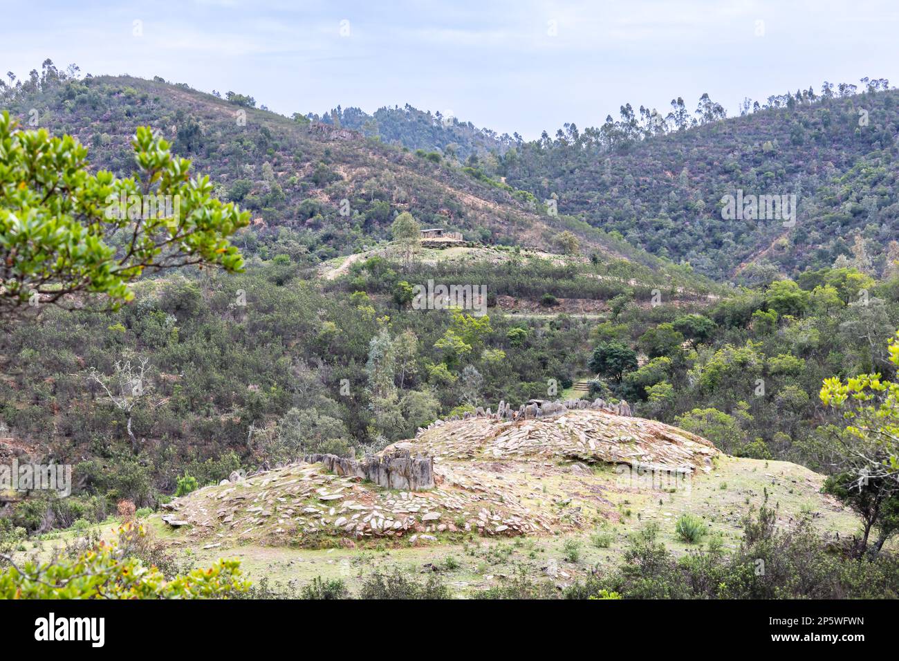 Dolmens numbers 1, 2, 3 and 4 of Megalithic formation of Dolmen de El Pozuelo. The archaeological site of El Pozuelo is located on rustic land in Zala Stock Photo