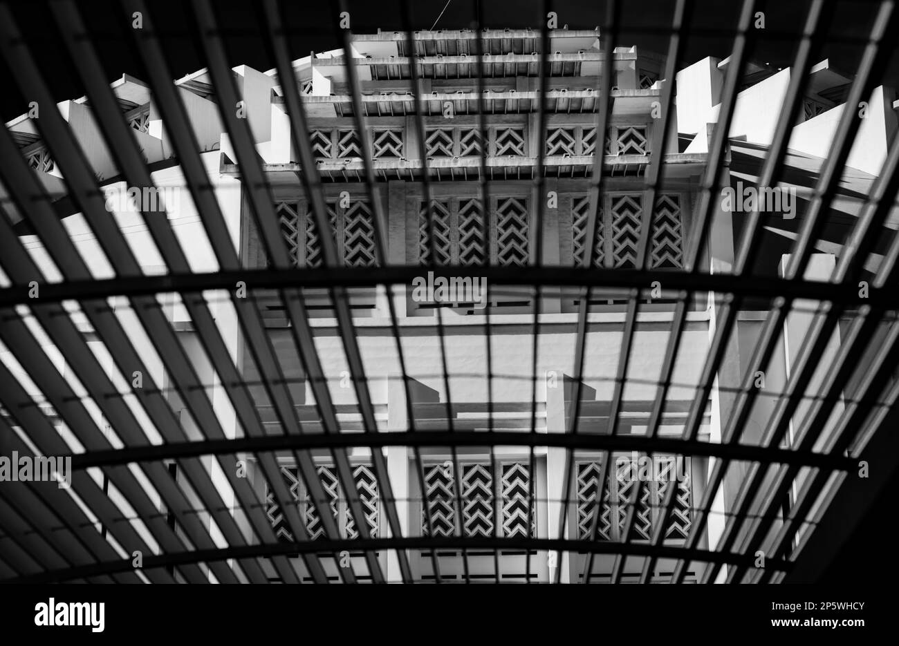An abstract b&w view of the front of the landmark art deco style Central Market in Phnom Penh, Cambodia. Stock Photo