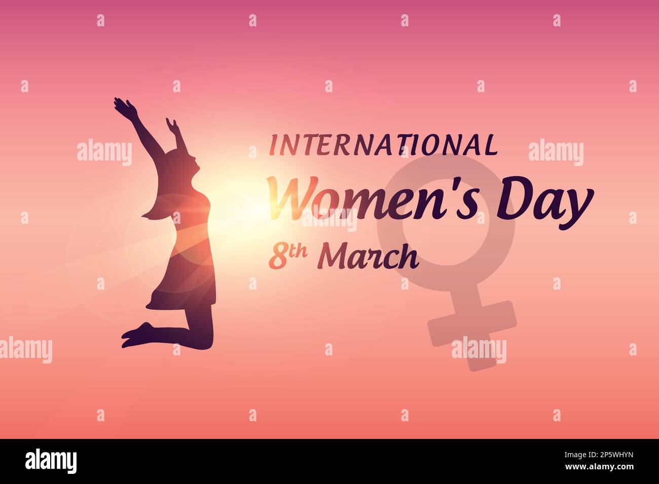 happy womans day 8th march girl with raised arms jumps at sunshine Stock Vector