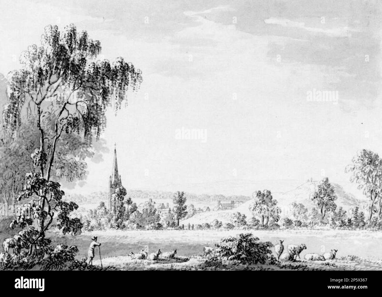 Sheep In Landscape With Church Spire, Anthony Thomas Devis (Preston, England, 1729 - 1816) Stock Photo