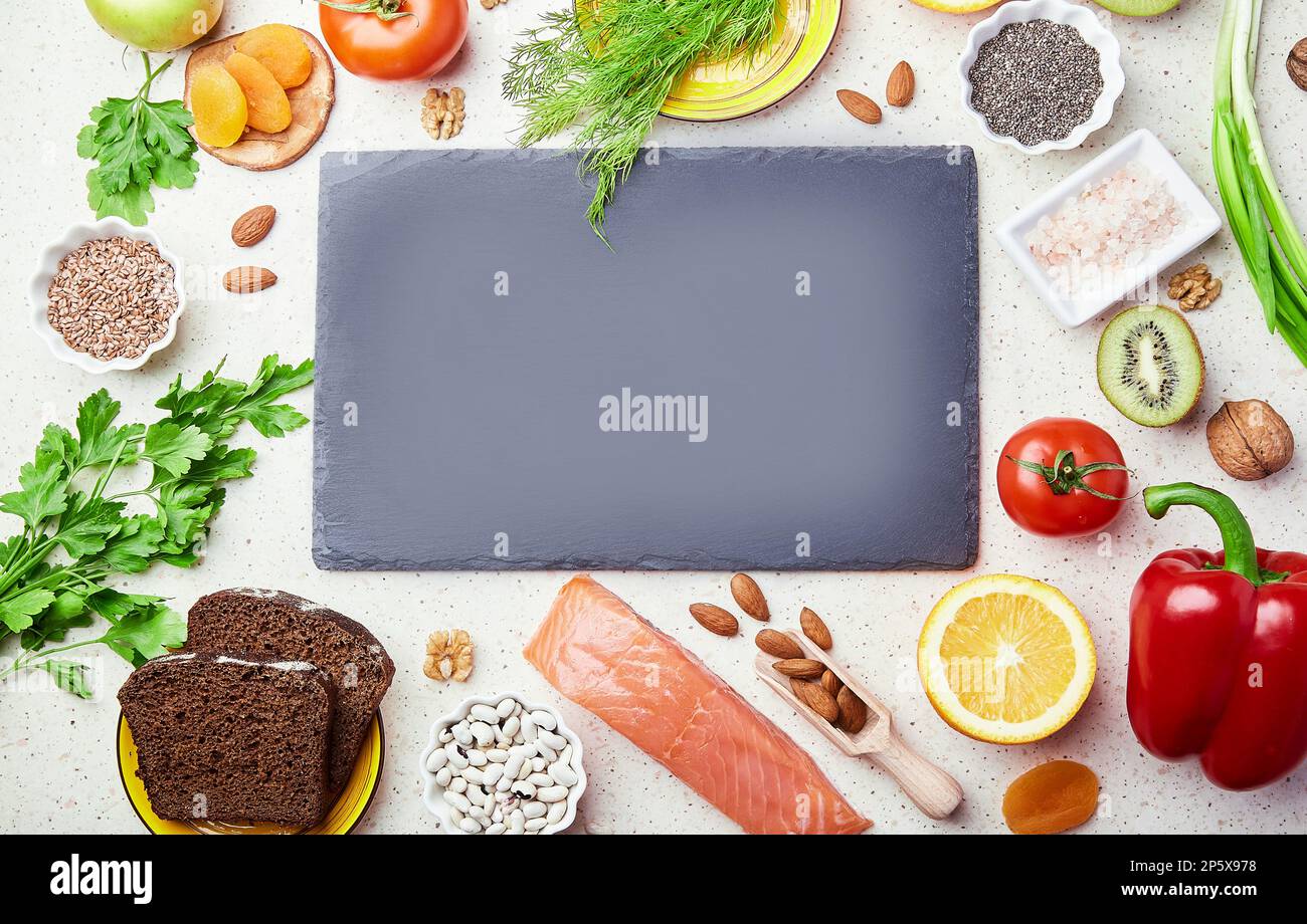 Fodmap Mediterranean diet with copy space, mockup in center. Healthy