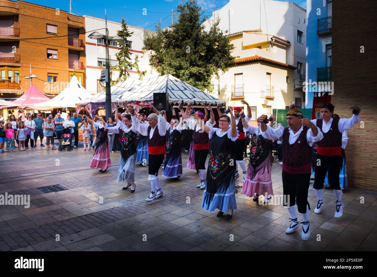 Traditional Spanish Dancing at a Fiesta in a makket square in Spain Stock Photo