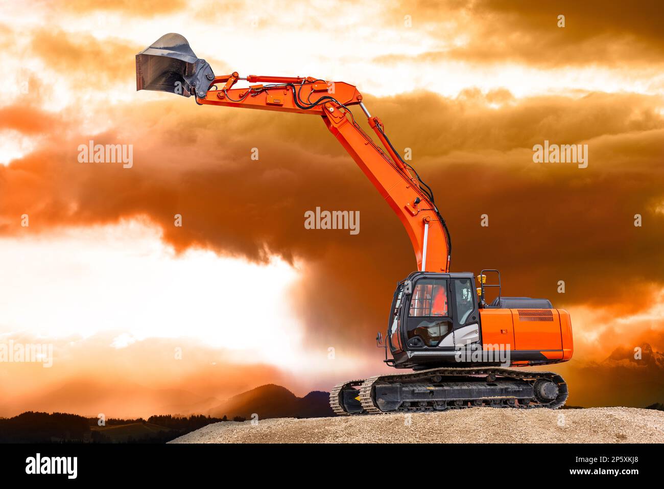 excavator is working and digging at construction site Stock Photo
