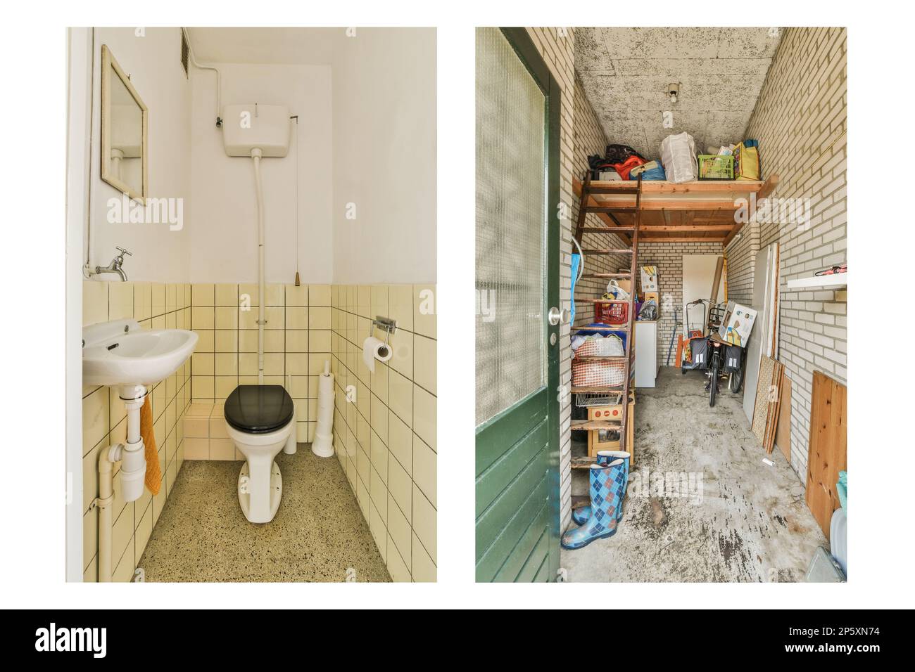 the inside of a bathroom with toilet, sink, and other items on shelves