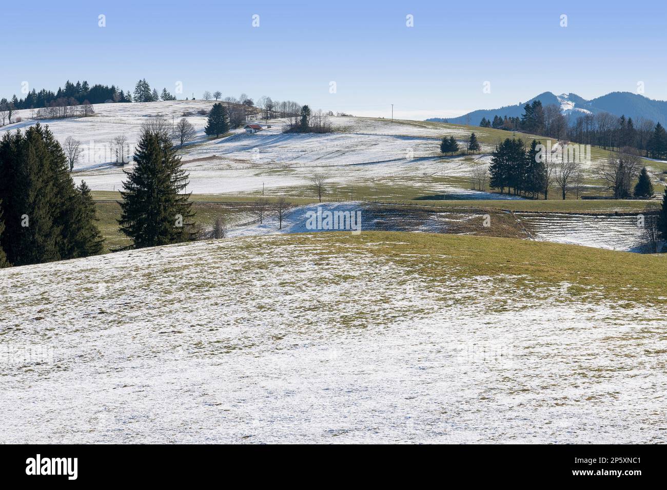 little snow in the foothills of the Alps, Germany, Bavaria, Region ...