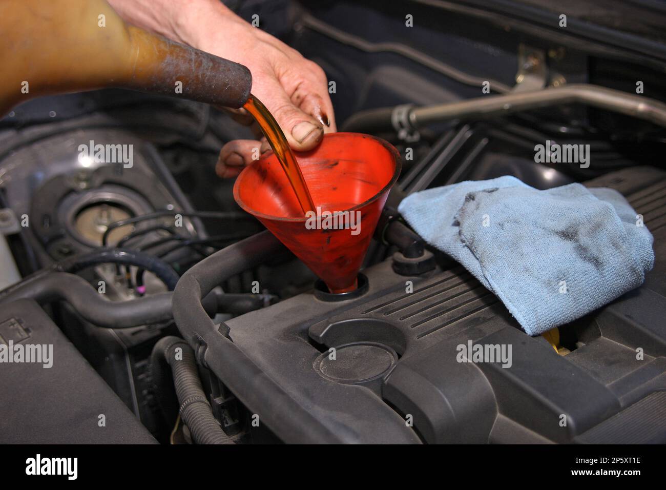 changing the oil in the car, oil is filled in Stock Photo Alamy