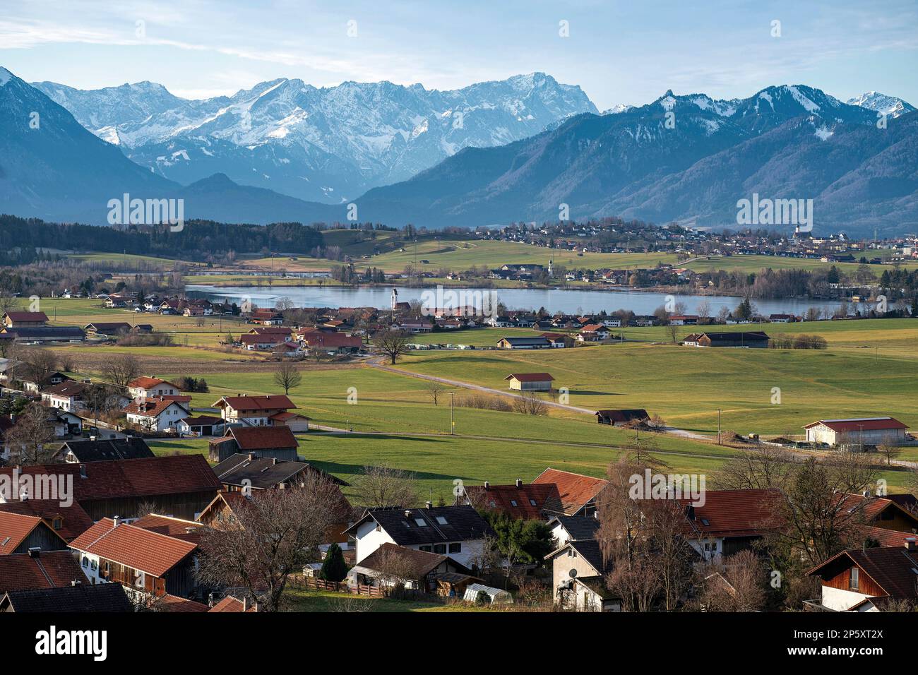 view over the lake Riegsee near Murnau to the Wetterstein Mountains and the Ammergau Alps, Germany, Bavaria Stock Photo