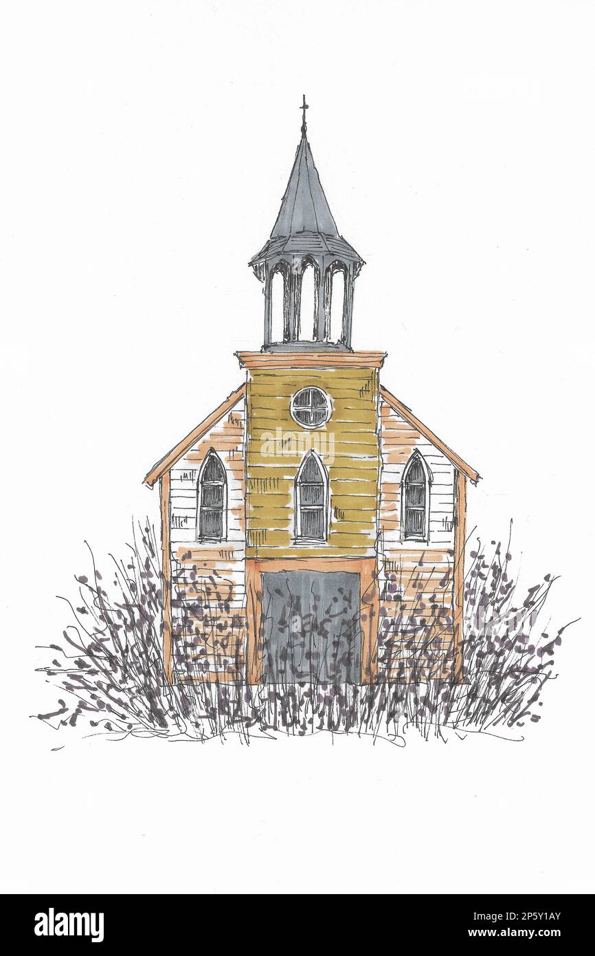 Urban sketch - old church abandoned Stock Photo