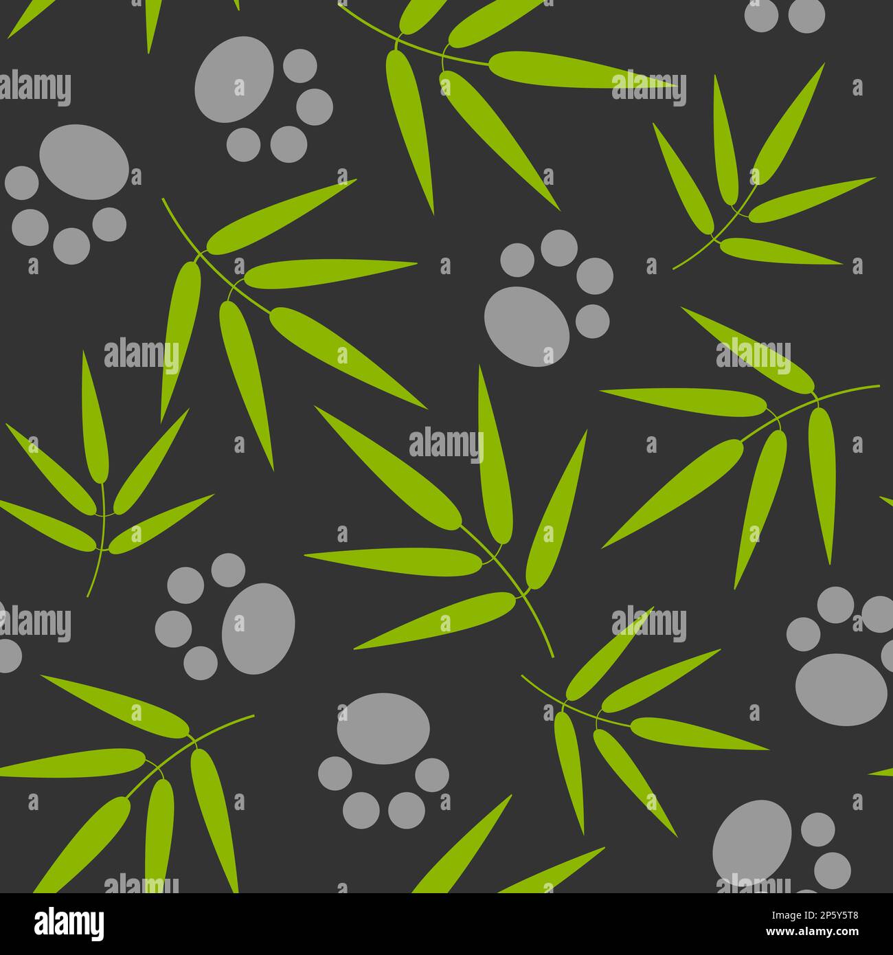 Panda paws and bamboo twigs on a gray background natural seamless pattern wallpaper. Stock Vector