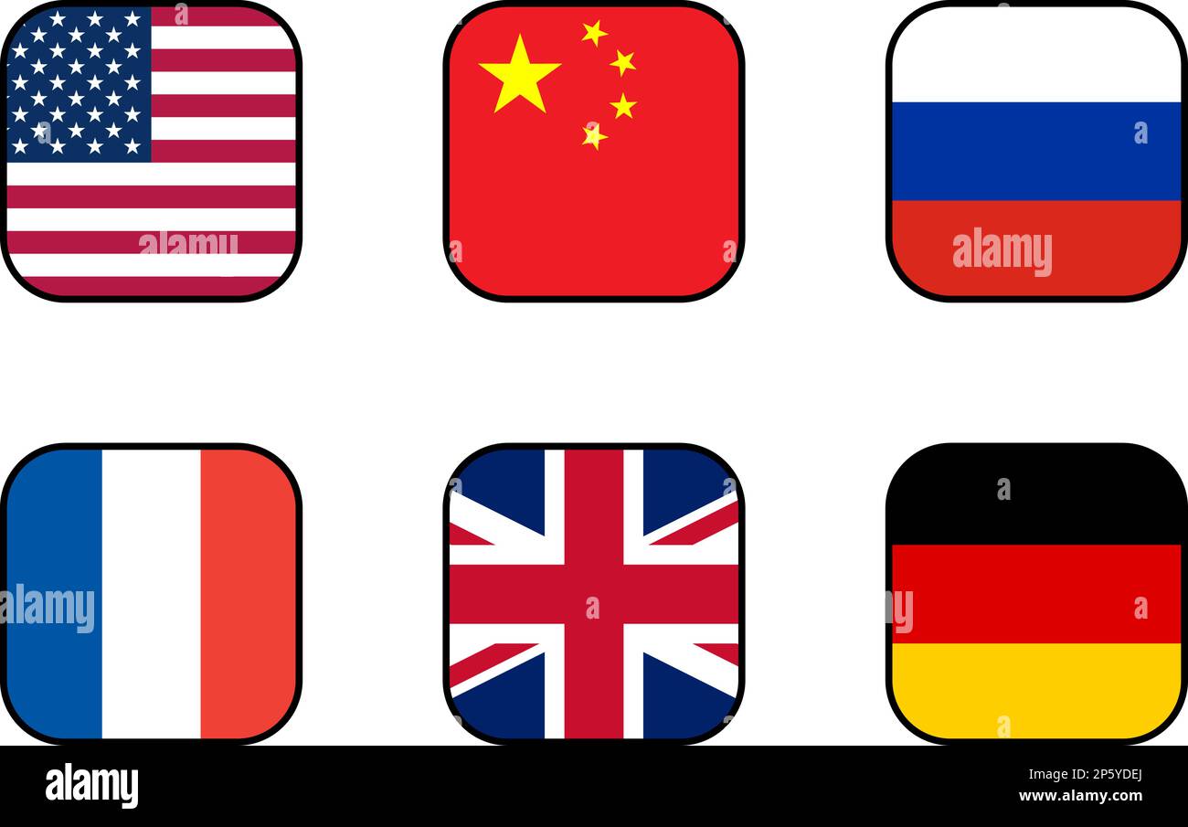 Soft Square Flag Icon Collection of USA United States of America, China, Russia, United Kingdom UK France and Germany. Vector Image. Stock Vector