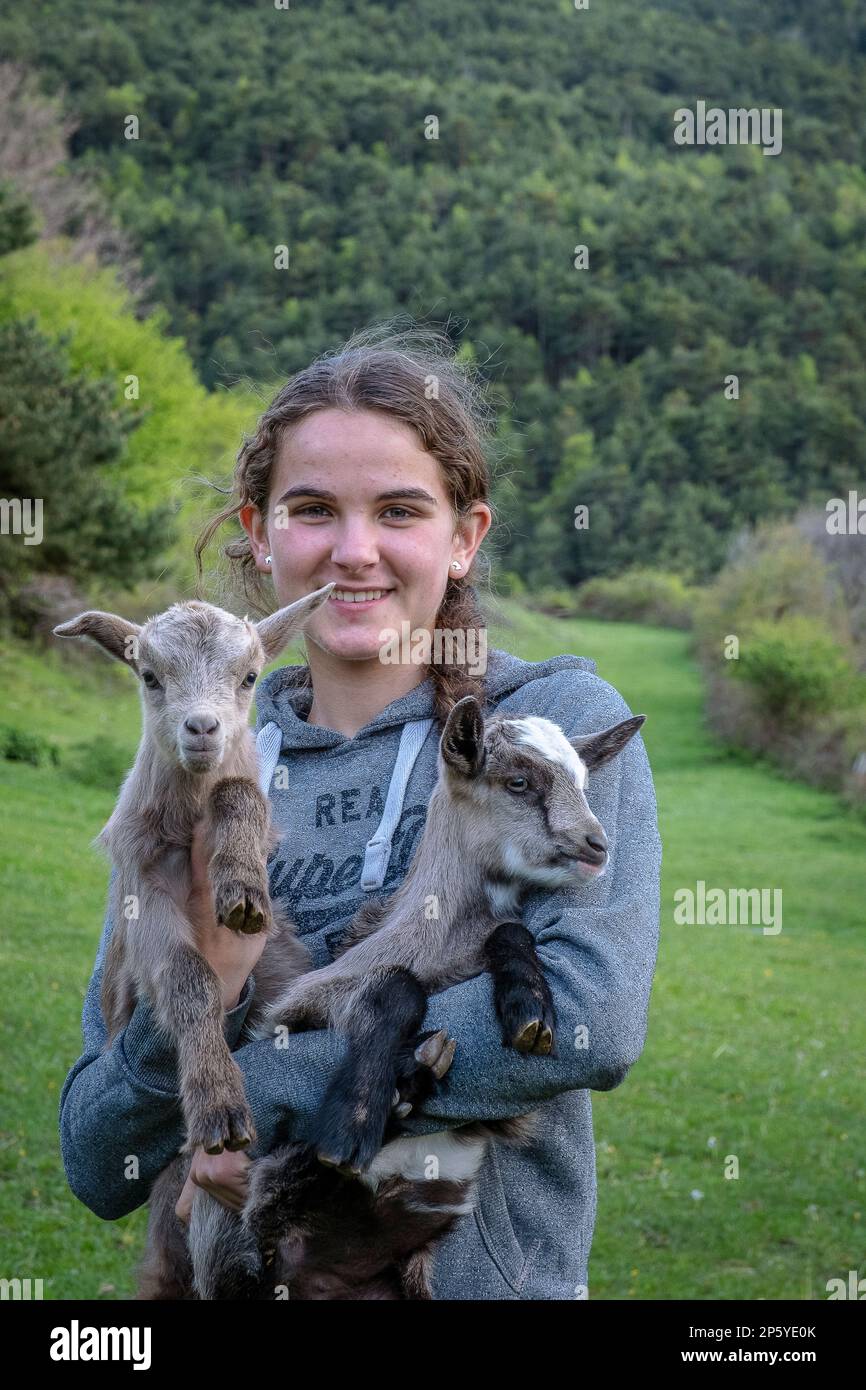 Janira posing with a goatlings. Daily life, in a traditional farm on the mountains, Roni village, Alt Pirineu Natural Park, Lleida, Catalonia, Spain Stock Photo