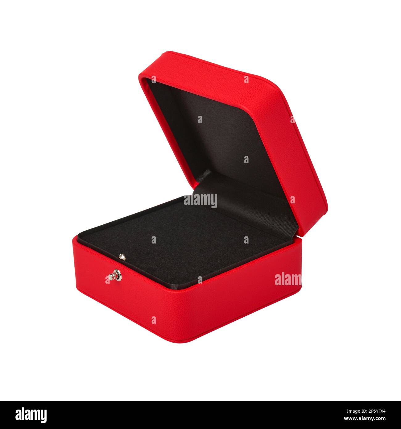 Side view of open red jewelry gift box with black velvet inside