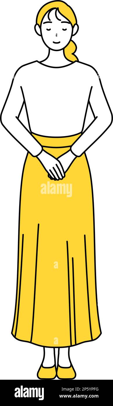 A casually dressed young woman bowing with folded hands, Vector Illustration Stock Vector