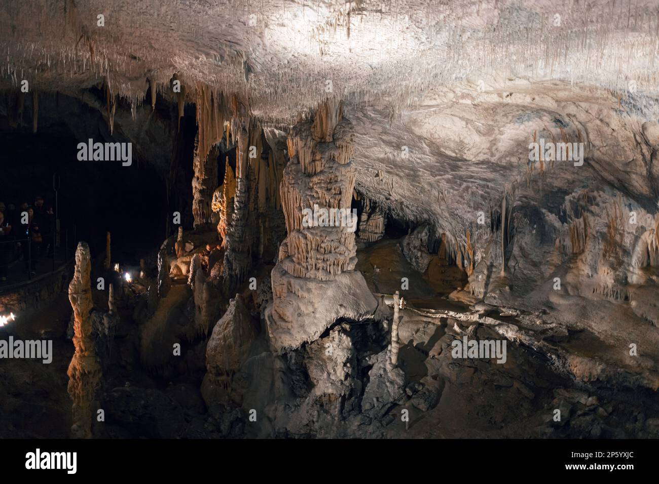 Dripstone column in the tourist attraction cave of Postojna, located in Slovenia. Stock Photo